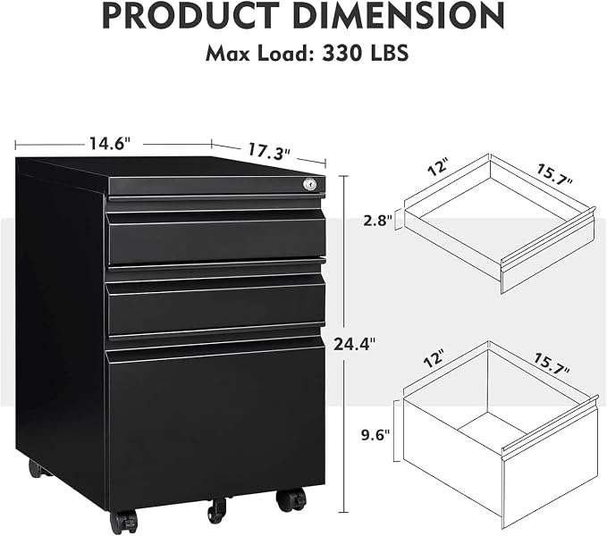 MIIIKO 3 Drawer File Cabinet on Wheels, Home Office Mobile File Cabinet Under Desk, Full Assembled Metal Filing Cabinets with Lock for Legal/Letter/A4 File Folders
