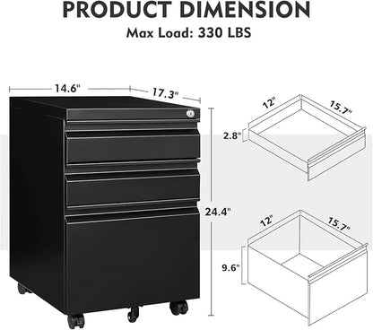 MIIIKO 3 Drawer File Cabinet on Wheels, Home Office Mobile File Cabinet Under Desk, Full Assembled Metal Filing Cabinets with Lock for Legal/Letter/A4 File Folders