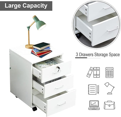 OFCASA 3 Drawer File Cabinet with Lock, Small Rolling Filing Cabinets for Home Office, Wooden Under Desk File Cabinet with Wheels, Mobile Storage Cabinet Printer Stand, for Letter/Legal/A4 Size, White