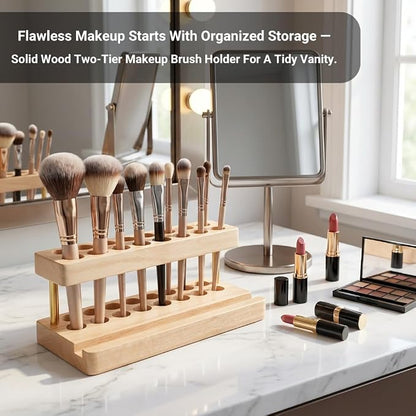 Pencil & Pen organizer for Desk,Wooden pen holder with Phone Stand for Office & Home,Solid Walnut Pencil Display Stand(Double-row - Natural Wood)