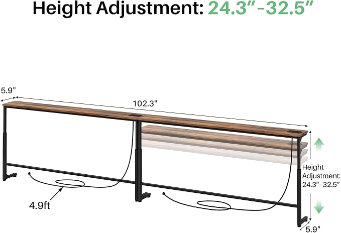 Kitstorack 102.3" Extra Long Behind Couch Table, Adjustable Height Narrow Console Table with 2 Power Strips, Split Design for Separate Wall Use, Anti-Scratch Tip, Rustic Brown for Living Room