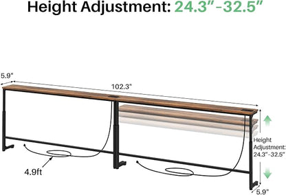 Kitstorack 102.3" Extra Long Behind Couch Table, Adjustable Height Narrow Console Table with 2 Power Strips, Split Design for Separate Wall Use, Anti-Scratch Tip, Rustic Brown for Living Room
