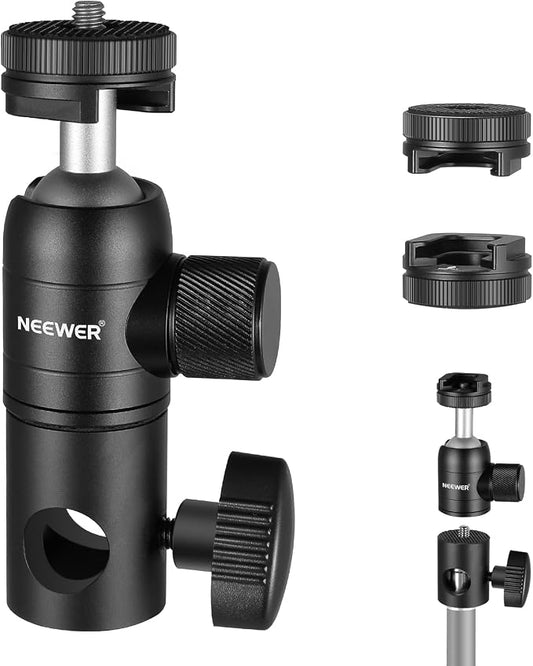 NEEWER Light Stand Mount Adapter with Cold Shoe and 1/4” Screw Mini Ball Head, Reversible Mounting Plate for Camera Monitor Ring Lights, Fits Flat Head/Boom arm/C Stands, Max. Load 22lb/10kg