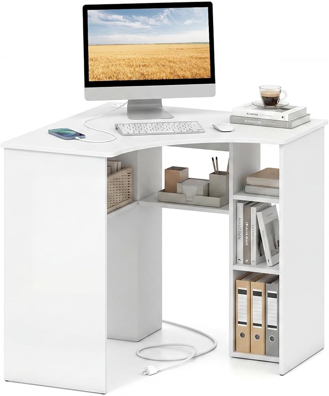 Tangkula White Corner Desk with Charging Station, 90-Degree Triangle Computer Desk with Ergonomic Curved Edge & Open Storage Shelves, Writing Study Desk for Small Spaces Home Office