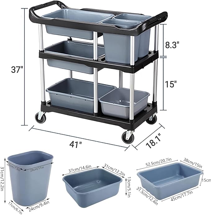 3 Tier Utility Cart Heavy Duty 330lbs Capacity Rolling Service Cart Utility Carts with Wheels Storage Cart Restaurant Supplies Great for Hotel,Kitchen,Laundry Room,Siz:41x18.3x37