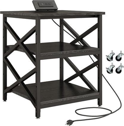 METYERRY Large Printer Stand with Power Outlet, with Height Adjustable Storage Shelf, 3 Tier Rolling Printer Cart with Industrial Wheels, 23.6 x 23.6 Inches Printer Table for Home Office,Black