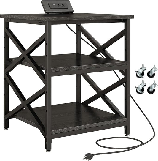 METYERRY Large Printer Stand with Power Outlet, with Height Adjustable Storage Shelf, 3 Tier Rolling Printer Cart with Industrial Wheels, 23.6 x 23.6 Inches Printer Table for Home Office,Black
