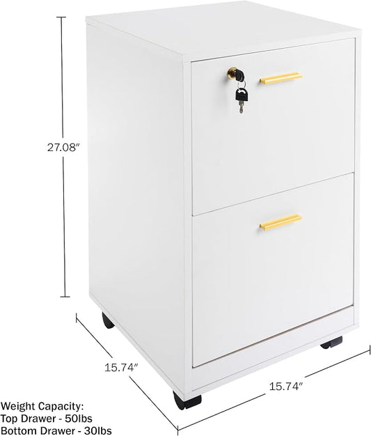 Lavish Home 2 Drawer File Cabinet - Filing Cabinet with Lock - Rolling File Cabinet for Under Desk Storage - Wood Filing Cabinet for Home or Office Organization (White)