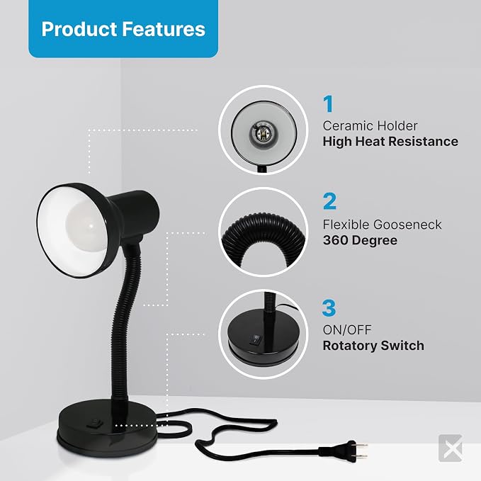 Xtricity LED Desk Light, 360° Adjustable Gooseneck, (Black Finish) | Home and Office Lamp with 7W A19 Bulb, 120V, On/Off Switch, 14” Height - Reading Lamps for Bedside Table, College Dorm