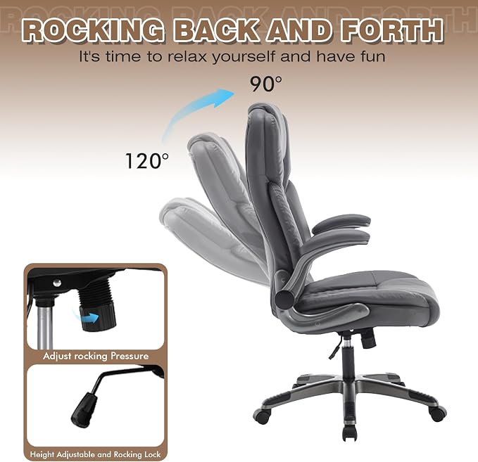 Executive Office Chair with Flip up Arms, Ergonomic PU Leather Office Chairs with Wheels, 90-120° Rocking High Back Office Desk Chair with Lumbar Support, Swivel Task Chairs(Grey)