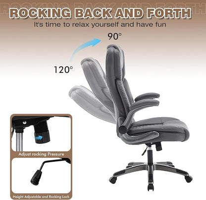 Executive Office Chair with Flip up Arms, Ergonomic PU Leather Office Chairs with Wheels, 90-120° Rocking High Back Office Desk Chair with Lumbar Support, Swivel Task Chairs(Grey)