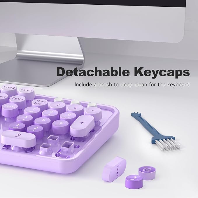 MOWUX Computer Keyboard Wired, Plug and Play USB Retro Round Typewriter Keyboard, Full Size Wired Keyboard with Foldable Stands for Laptop and Office PC- Purple with Large