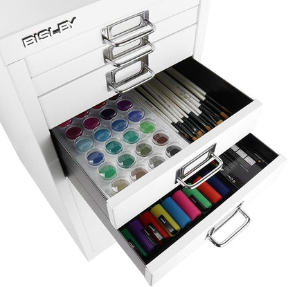 Bisley 8-Drawer Steel MultiDrawer Cabinet - Traffic White | Chrome Pull Handles with Label Holders, Powder-Coated Steel, Removable Drawers, Fits Under Most Desks, Labels Included
