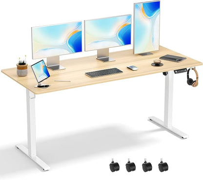 63x24 in Electric Standing Desk,Adjustable Height with Wheels,Oak | Spliced Desktop,27.9"–46.8" Height Range,4 Memory Presets,Lockable Wheels,Headphone Hook,Sit Stand Desk,Home Office