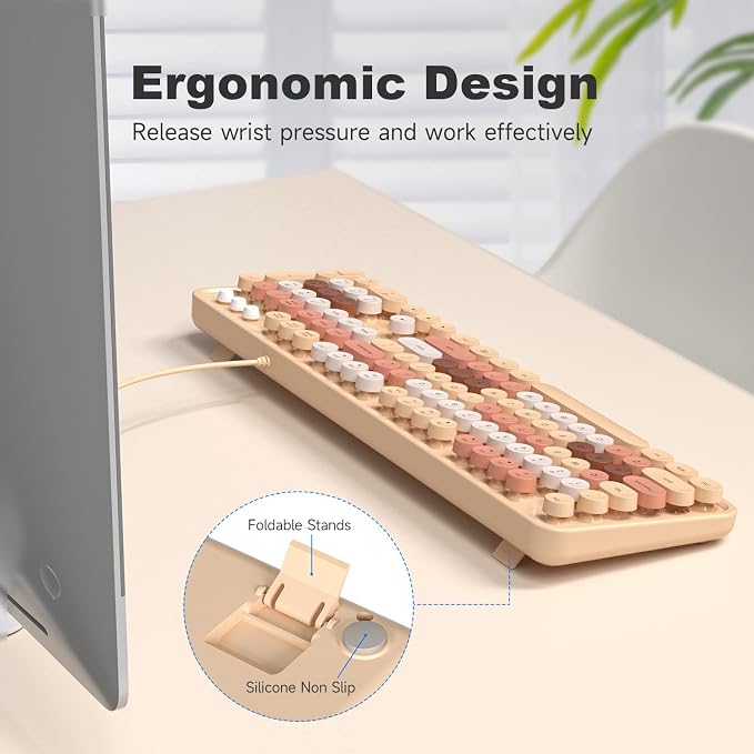 MOWUX Computer Keyboard Wired, Plug Play USB Retro Round Typewriter Keyboard, Full Size Wired Keyboard with Foldable Stands for Laptop and Office PC- Milk Tea Colorful