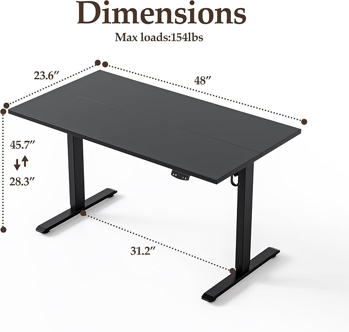 Klicelor 48 Inch Electric Standing Desk, Height Adjustable Office Desk, Sit Stand Up Computer Desk with Memory Preset, Two-Piece Desktop, Black