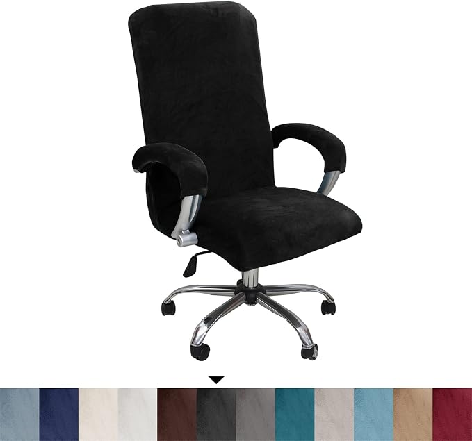 Velvet Plush Office Chair Cover with Armrests, Universal XL, Black | Stretch Elastic Fit, Desk Computer Chairs, Pet and Children Friendly, Washable