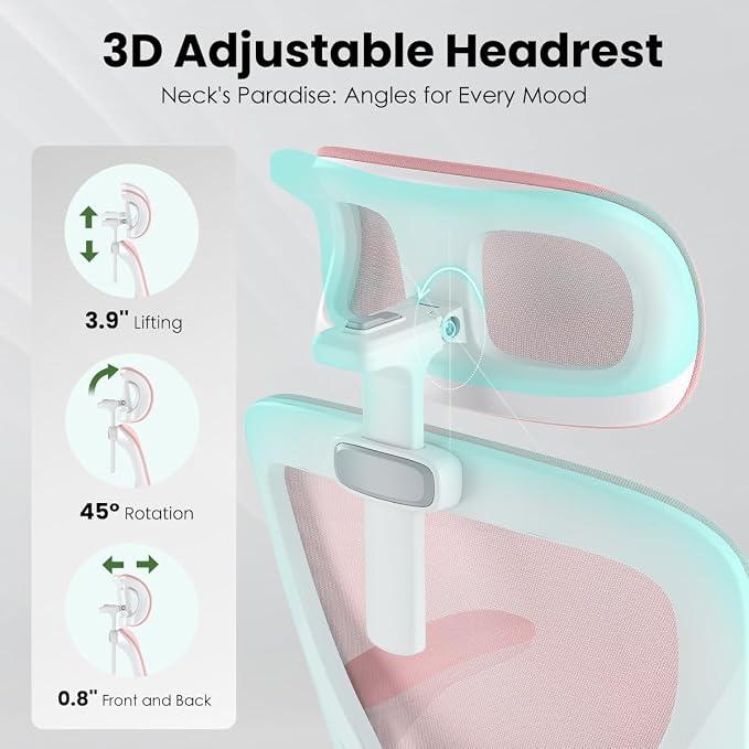 Soohow Office Chair, Ergonomic Office Mesh Desk Chair with Adjustable Back Support, High Back Comfy Computer Swivel Chair with Headrest, Lumbar Support for Study Room, Gaming and Office, White & Pink