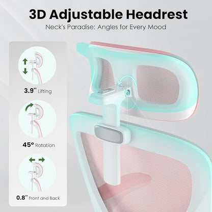 Soohow Office Chair, Ergonomic Office Mesh Desk Chair with Adjustable Back Support, High Back Comfy Computer Swivel Chair with Headrest, Lumbar Support for Study Room, Gaming and Office, White & Pink
