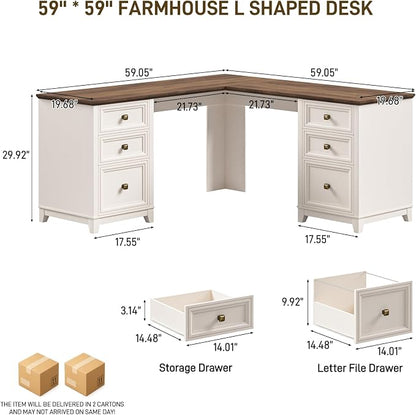 Vabches Farmhouse L Shaped Executive Desk with 6 Drawers, 59’’ Wood Home Office Desk with File Cabinet, Writing Corner Computer Desk for Home Office, Work, Study, White and Brown