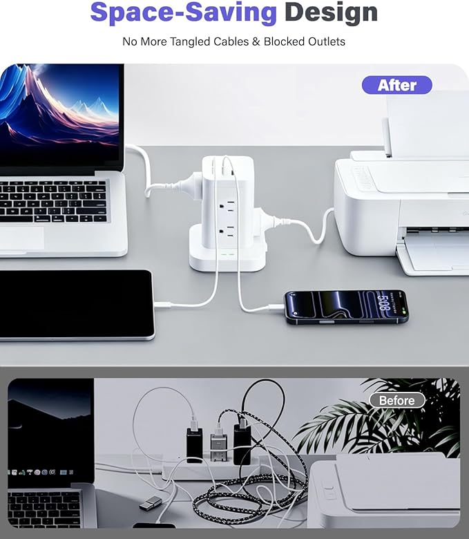Power Strip Tower with Surge Protector 1800J, Fast Charging Tower PD20W USB-C Ports with 8 AC Outlets, 10ft Extension Cord for Home Office Dorm Room, White