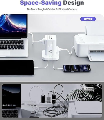 Power Strip Tower with Surge Protector 1800J, Fast Charging Tower PD20W USB-C Ports with 8 AC Outlets, 10ft Extension Cord for Home Office Dorm Room, White