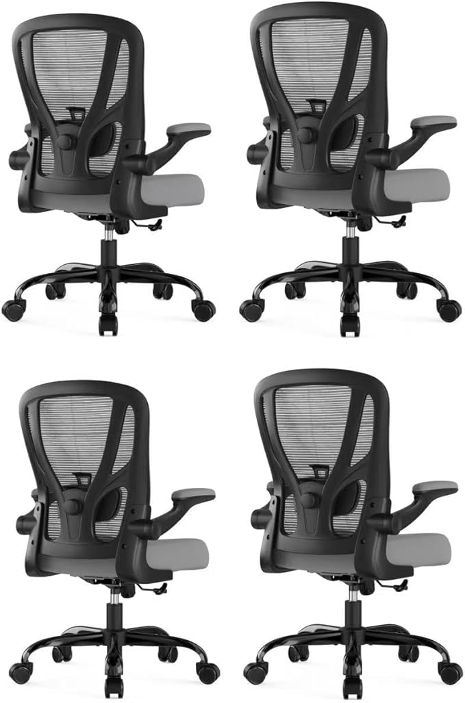 Office Chair Ergonomic Desk Chair - Mesh Computer Chair Breathable Task Chair with Wheels Adjustable Lumbar Support Home Desk Office Chairs with Flip up Armrest Gray 4 Pack
