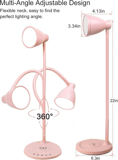 BOHON Cute Desk Lamp for Home Office with USB C+A Charging Port Timer Pink | LED Desk Light with Wireless Charger 5 Colors Stepless Dimming Reading Light Touch Bedside Table Lamp for College Dorm Room