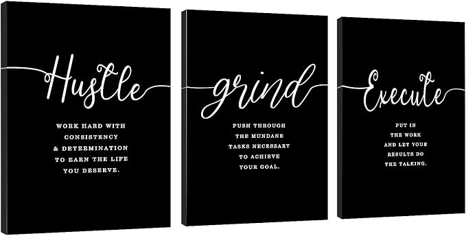 Hustle Quotes Execute Prints, Framed Canvas Wall Art Success Quote, Office Wall Art, Black Large Poster, Positive Motivational Set of 3 Prints, Boss Gift (F-3pcs,20x30inchx3pcs)