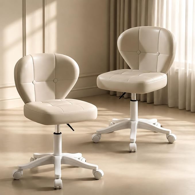 Small Office Chair with Lumbar Support, PU Leather Armless Swivel Desk Chair Adjustable Height, Compact Rolling Chair for Home Office, Bedroom, Study （White Set of 2）