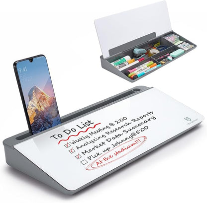 Small Desktop Glass Whiteboard Dry-Erase-Board - Computer Keyboard Stand White Board Surface Pad with Drawer, Desk Organizers with Accessories for Office, Home, School Supplies - Grey
