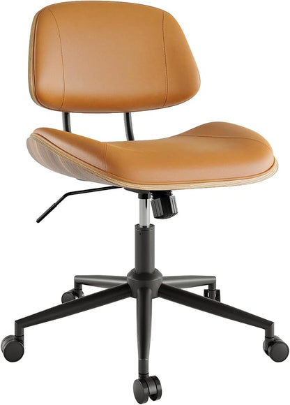 Armless Office Chair with Wheels, PU Leather Adjustable Height Desk Chair - 360° Swivel Ergonomic Computer Chair for Small Space, Modern Walnut Style, Home & Meeting Room, Brown