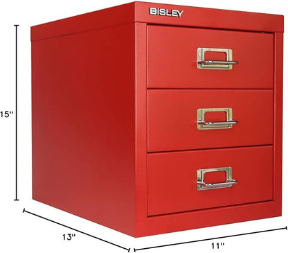 Bisley 3-Drawer Steel MultiDrawer Cabinet - Cardinal Red | Chrome Pull Handles with Label Holders, Powder-Coated Steel, Removable Drawers, Desktop Storage, Labels Included