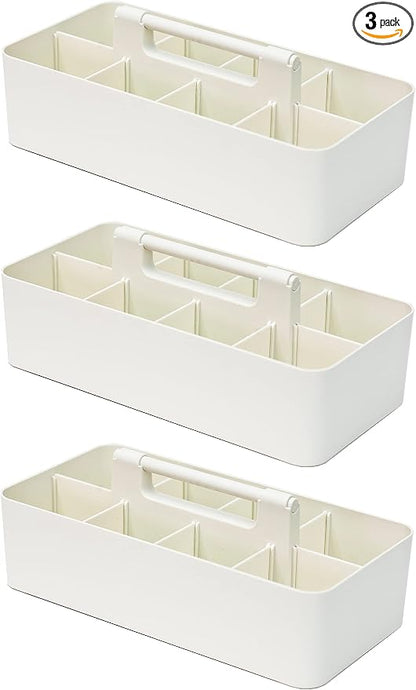 -Large Portable Caddy, DIY Dividers, 8 Compartments, Bathroom Organizer,Portable Basket with Handle Storage Organizer Modern Made in USA (3 PACK, Ivory)