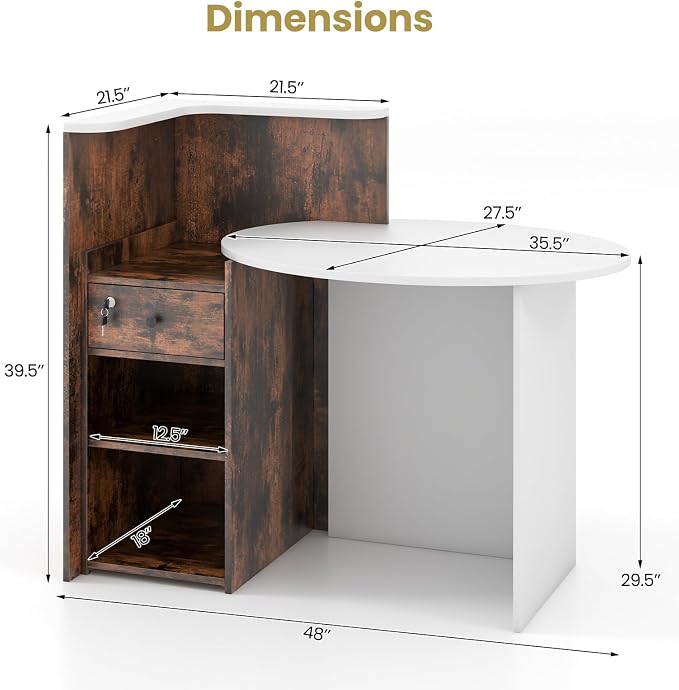Giantex Reception Desk, Front Counter Desk with Lockable Drawer, Checkout Table with Round Tabletop, Corner Shelf & Adjustable Shelf for Office Beauty Salon Retail Store (Brown & White)