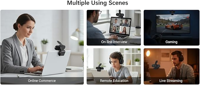 4K HD Webcam with Microphone, Noise Cancellation, Privacy Cover, Wide-Angle Lens, Auto Light Correction, Plug & Play USB Webcam for Laptop, Desktop, PC, Mac, Zoom, Skype, Streaming