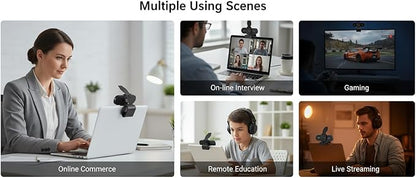 4K HD Webcam with Microphone, Noise Cancellation, Privacy Cover, Wide-Angle Lens, Auto Light Correction, Plug & Play USB Webcam for Laptop, Desktop, PC, Mac, Zoom, Skype, Streaming