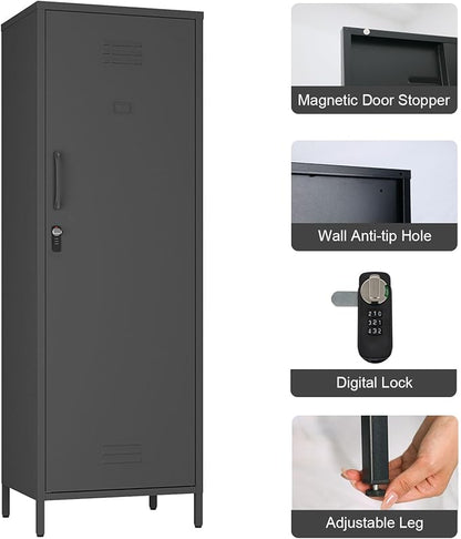 Steehoom Metal Locker Cabinet with Lock, Lockable Single Door Storage Cabinet Steel File Locker with 3 Adjustable Shelves for Living Room, School, Garage, Home, Office, Pantry (Black, H59.06'')