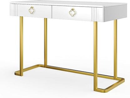 Tamworth Design White Vanity Desk with 2 Drawers, Gold and White Desk,Home Office Desk Modern Makeup Vanity Table, Entryway Console Table, Sofa Table (Deluxe Leg)
