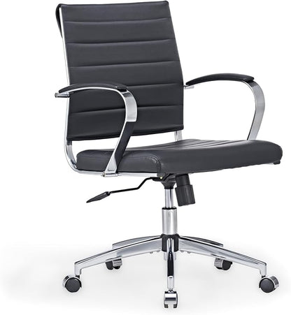 Mid-Century Modern Black Leather Office Chair with armrests, Adjustable Swivel Desk Chair for Home Office, Ergonomic Executive Chair