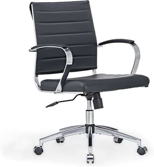 Mid-Century Modern Black Leather Office Chair with armrests, Adjustable Swivel Desk Chair for Home Office, Ergonomic Executive Chair