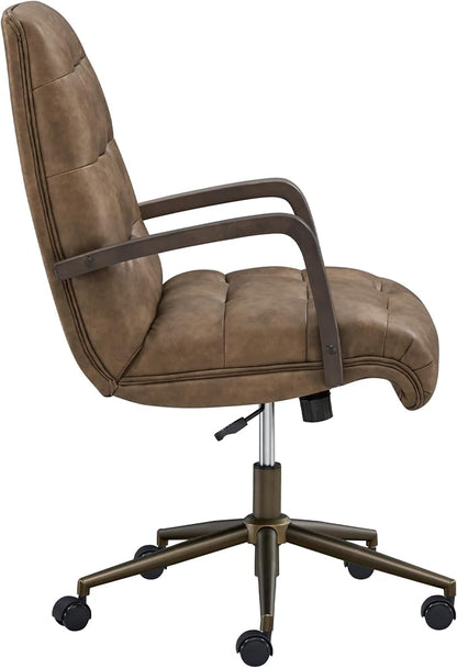 KISLOT Home Office Desk Chair, Ergonomic Office Chair with Square-Patterned Leather Upholstery, Adjustable Swivel Computer Chair with Wood Arms & Wheels, Soft-Rounded Front Edge, Brown