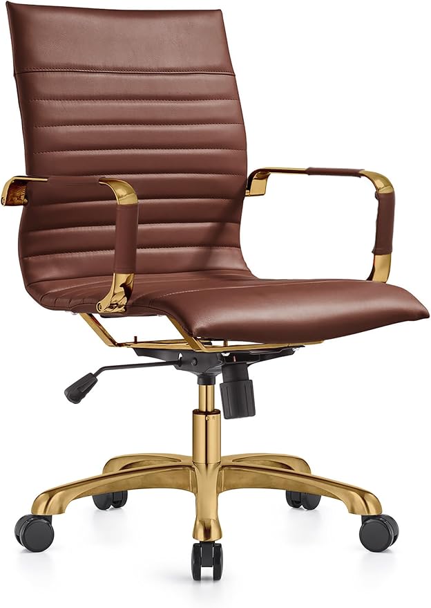 LeisureMod Harris Modern Ergonomic Executive Office Chair, High-Back Leather Conference Desk Chair with Adjustable Height, Tilt Control, 360° Swivel & Gold Frame for Home Office