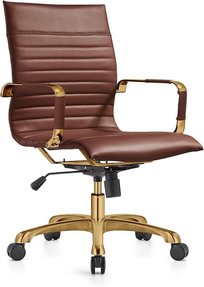 LeisureMod Harris Modern Ergonomic Executive Office Chair, High-Back Leather Conference Desk Chair with Adjustable Height, Tilt Control, 360° Swivel & Gold Frame for Home Office