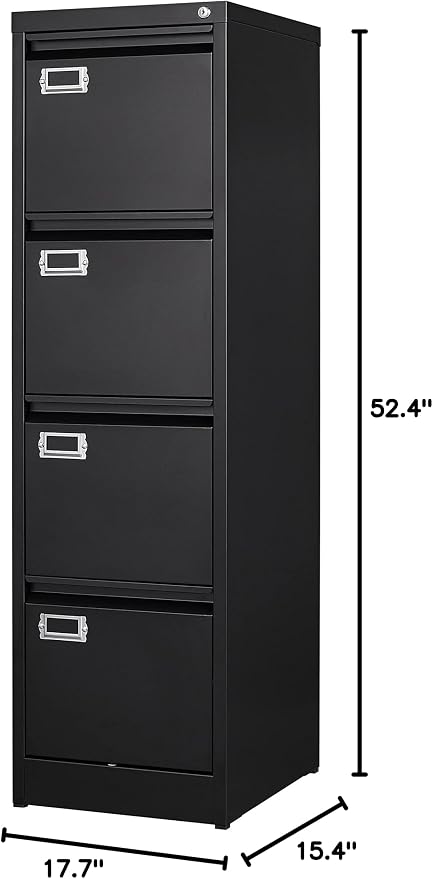 BYNSOE 4 Drawer File Cabinet with Lock Metal Vertical File Cabinet Office Home Vertical File Cabinet for A4 Legal/Letter Size Narrow File Cabinet Locked,Assembly Required (Black, 4 Drawers- Vertical)