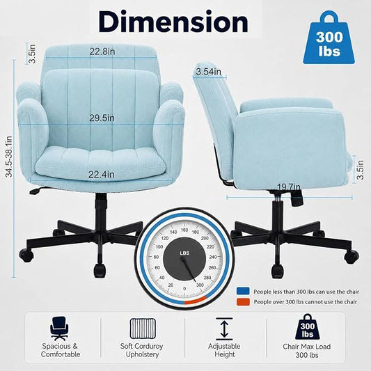 Criss Cross Office Chair with Wheels and Arms, Vanity Chair with Back, Comfy Swivel Cross Legged Office Chairs for Ultimate Comfort and Support, Unique Multifunctional Stylish Arms (Fabric Green)