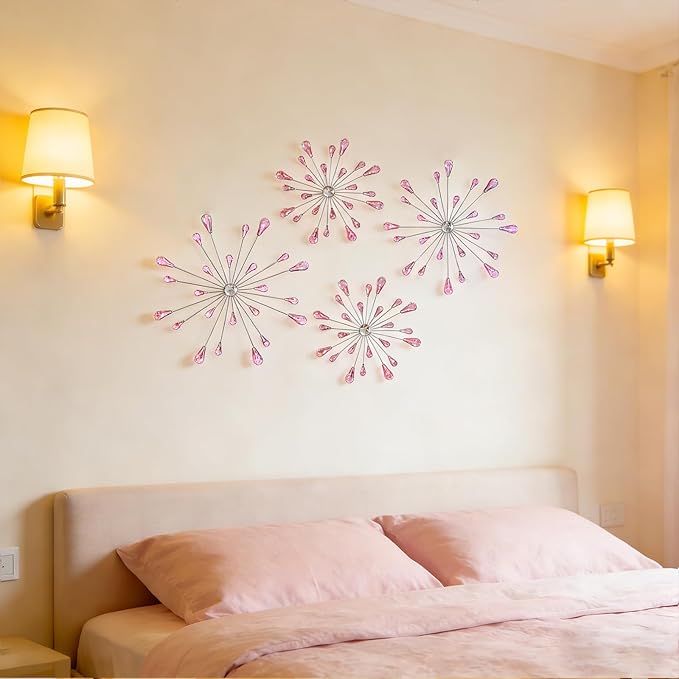 ZEXUIRU 4 Set Silver Starburst Wall Art for Home Decor Metal Bling Crystal Rhinestones Sunburst Wall Decor Sparkling Rhinestone Art Accent -Pink 13in/11.8in/9.8in/9.8in