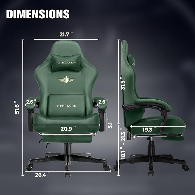 GTPLAYER Big and Tall Gaming Chair 400lbs Heavy Duty Office Chair with Foot Rest, High Back Pocket Spring Ergonomic Computer Chair for Adults, Wide Comfy Seated Cushion with Linkage Armrests, Green