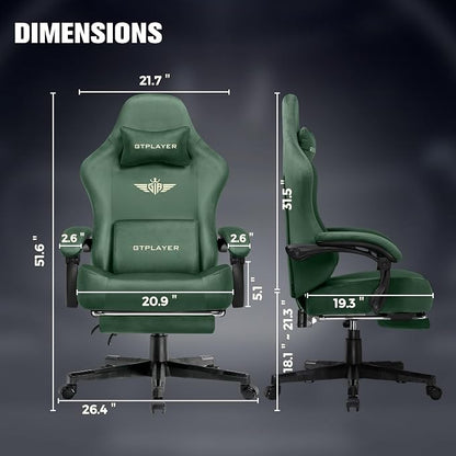 GTPLAYER Big and Tall Gaming Chair 400lbs Heavy Duty Office Chair with Foot Rest, High Back Pocket Spring Ergonomic Computer Chair for Adults, Wide Comfy Seated Cushion with Linkage Armrests, Green
