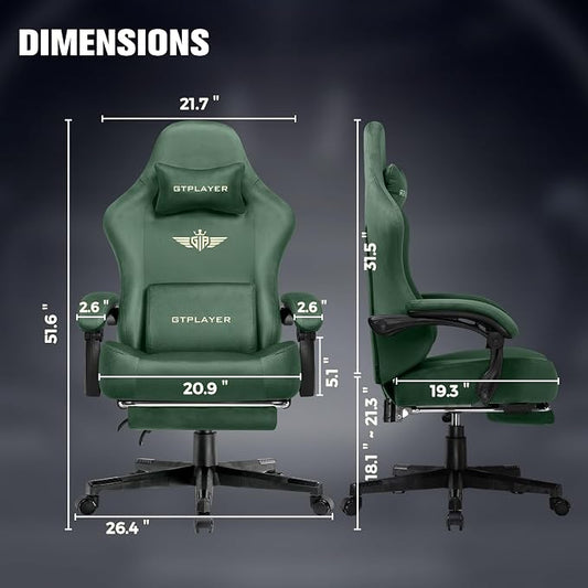 GTPLAYER Big and Tall Gaming Chair 400lbs Heavy Duty Office Chair with Foot Rest, High Back Pocket Spring Ergonomic Computer Chair for Adults, Wide Comfy Seated Cushion with Linkage Armrests, Green